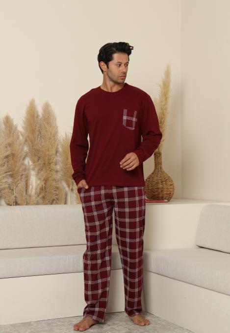 Pijama Barbati ,Maneca si Pantaloni Lungi,Culoare Bordo cu Alb,Engros